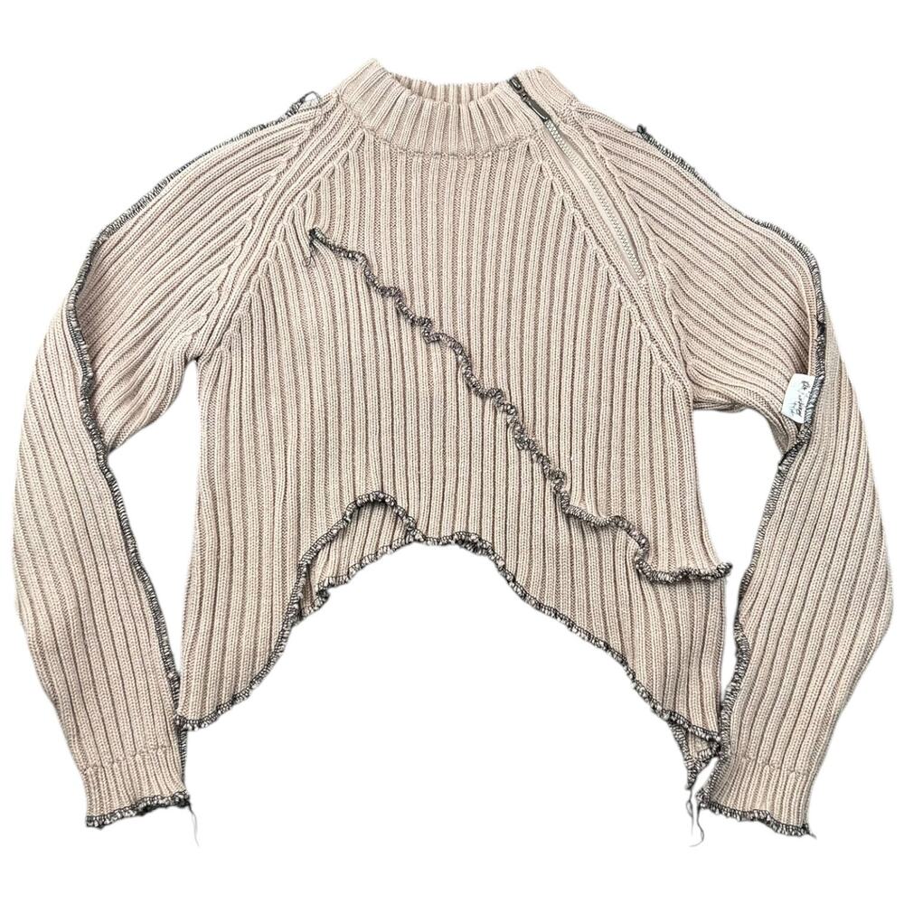 Recycle Y2K Deconstructed Asymmetrical Rib Knit Cropped Sweater Taupe - XS